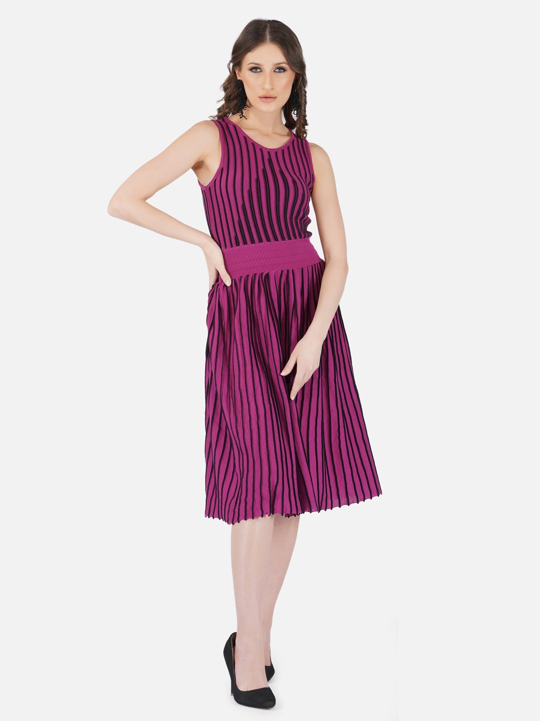 

Chemistry Striped Sleeveless Smocked Cotton Fit & Flare Midi Dress, Purple