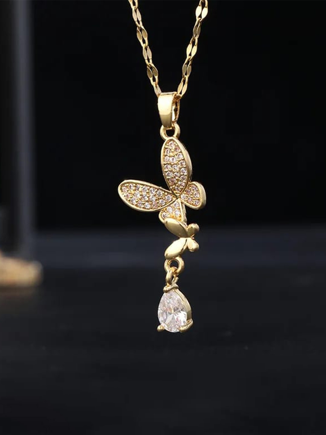 

KRYSTALZ Gold-Plated Zircon-Studded Butterfly-Charm Pendant With Chain