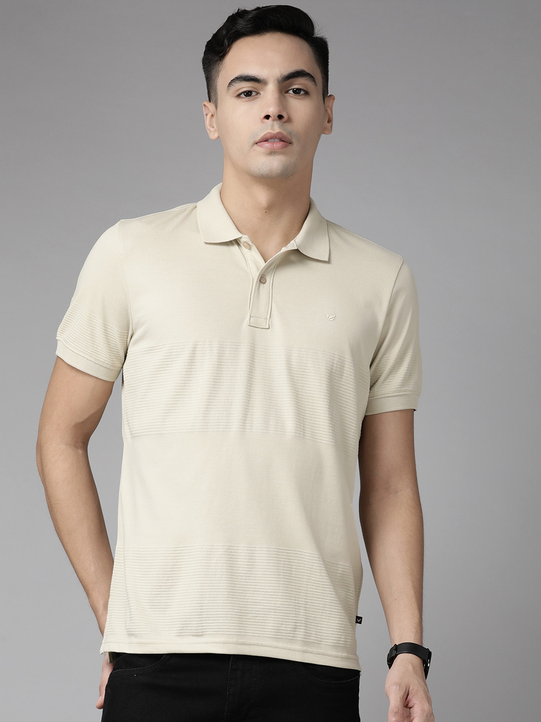 

Blackberrys Self Striped Polo Collar Slim Fit Hypa Fresh T-shirt, Beige