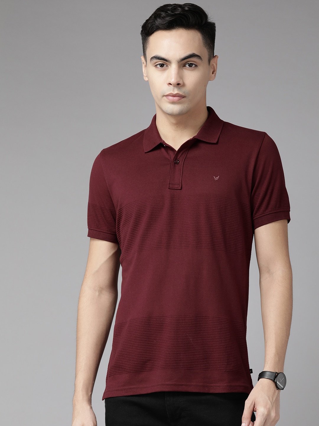 

Blackberrys Self Striped Polo Collar Slim Fit T-shirt, Maroon