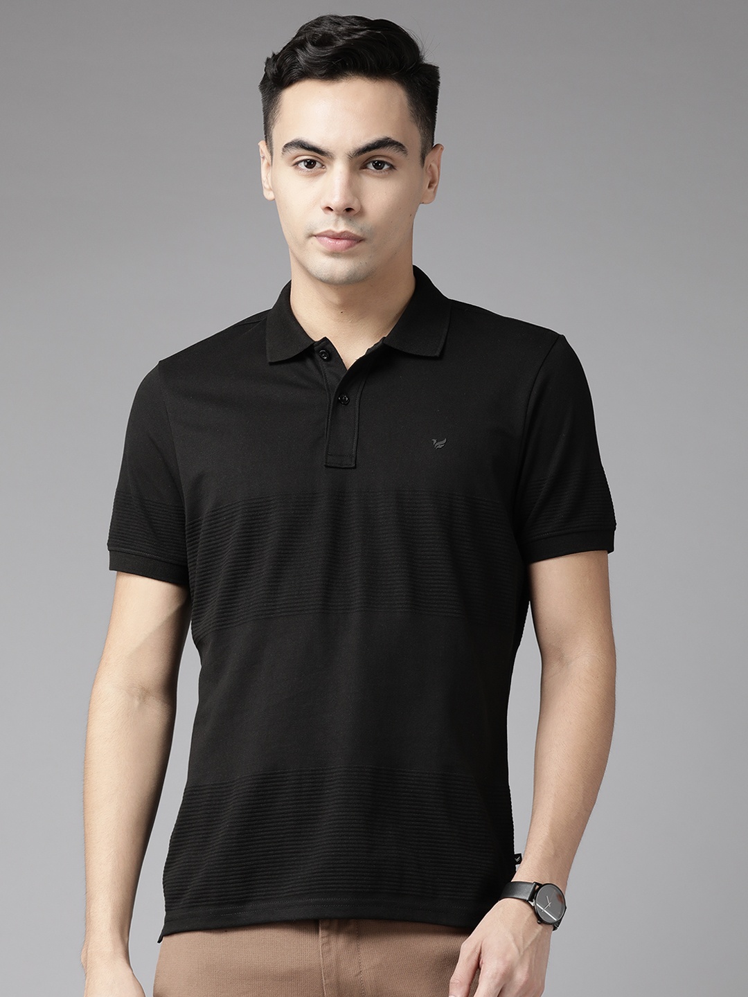 

Blackberrys Self Striped Polo Collar Slim Fit T-shirt, Black