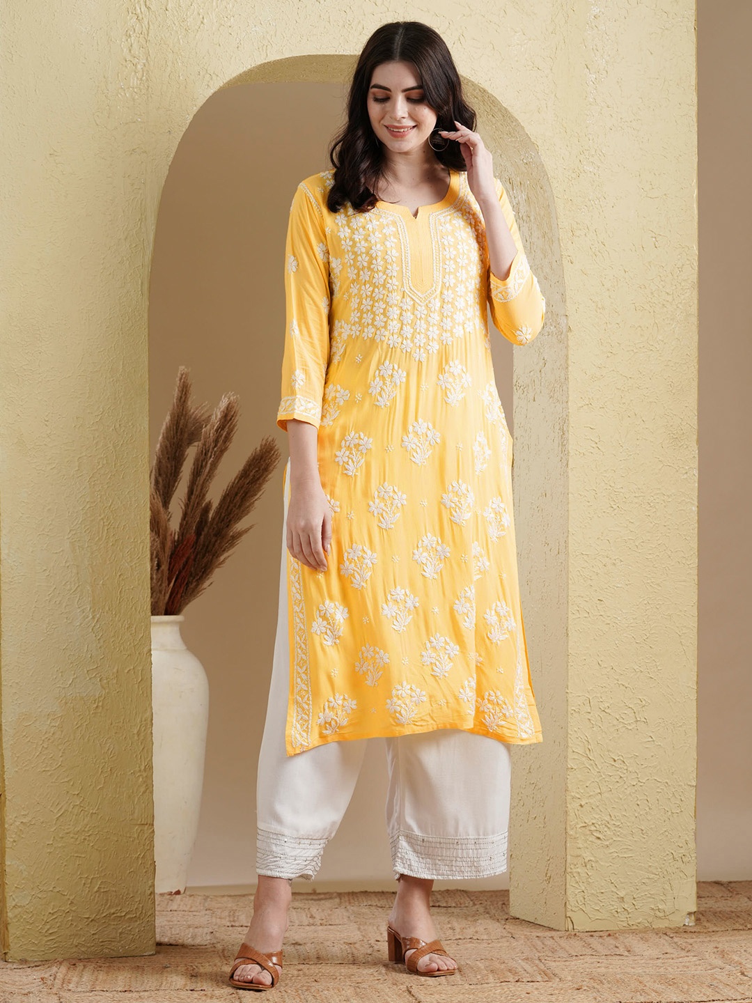

ADA Floral Embroidered Round Neck Lucknowi Chikankari Cotton Silk Straight Kurta, Yellow