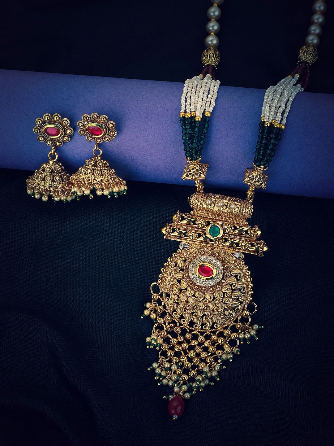 

Carlton London Gold Plated Kundan Bridal Long Necklace with Earring Set