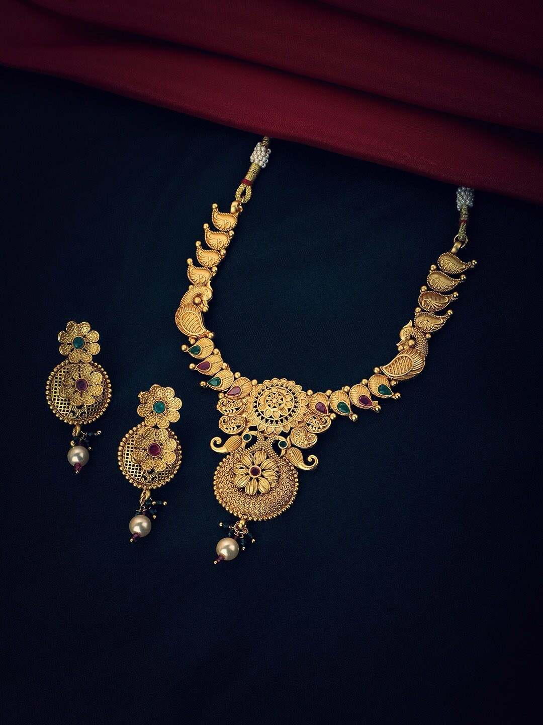 

Carlton London Gold Plated Kundan Bridal Necklace with Earring Set
