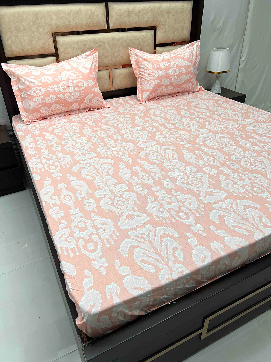 

Pure Decor Gem Peach Ethnic Motifs Cotton 330 TC Fitted King Bedsheet with 2 Pillow Covers