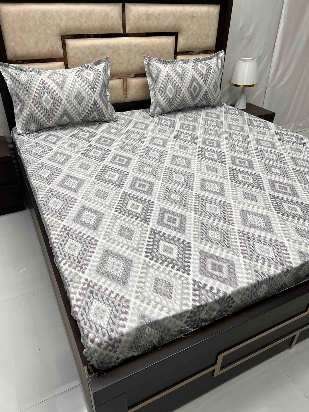 Pure Decor Gem Grey Pure Cotton 330 TC Super King Fitted Bedsheet with 2 Pillow Covers