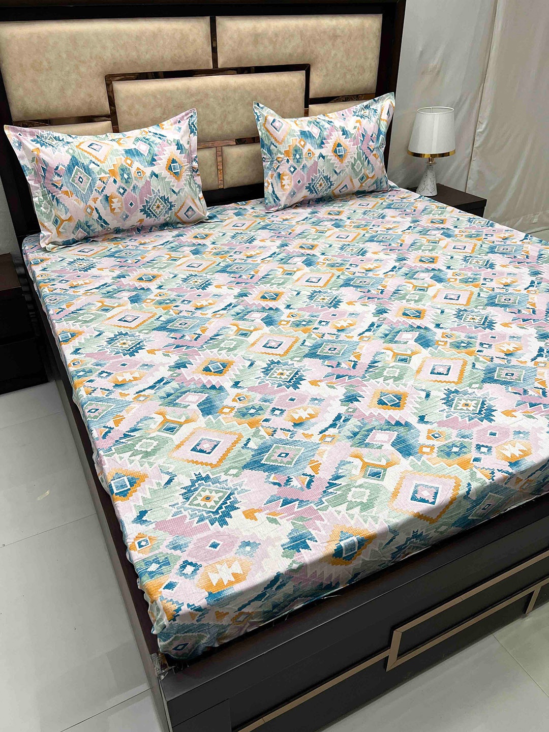 

Pure Decor Gems Blue Ethnic Pure Cotton 330 TC Fitted King Bedsheet & 2 Pillow Covers