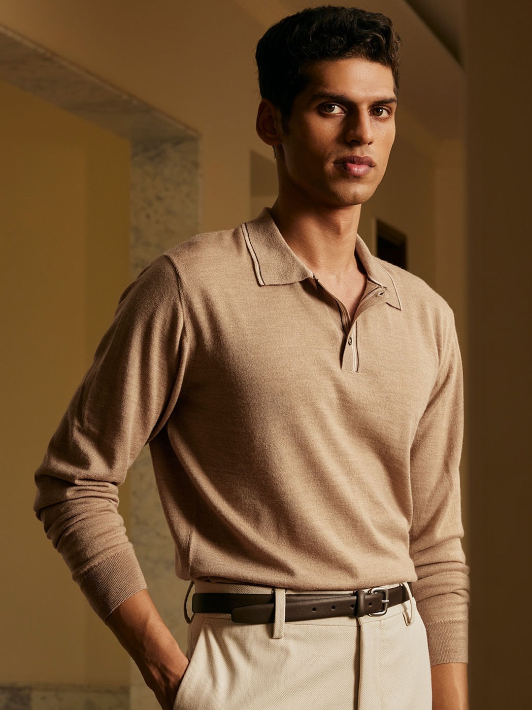 

Andamen Long Sleeve Merino Wool Polo T-shirt, Brown