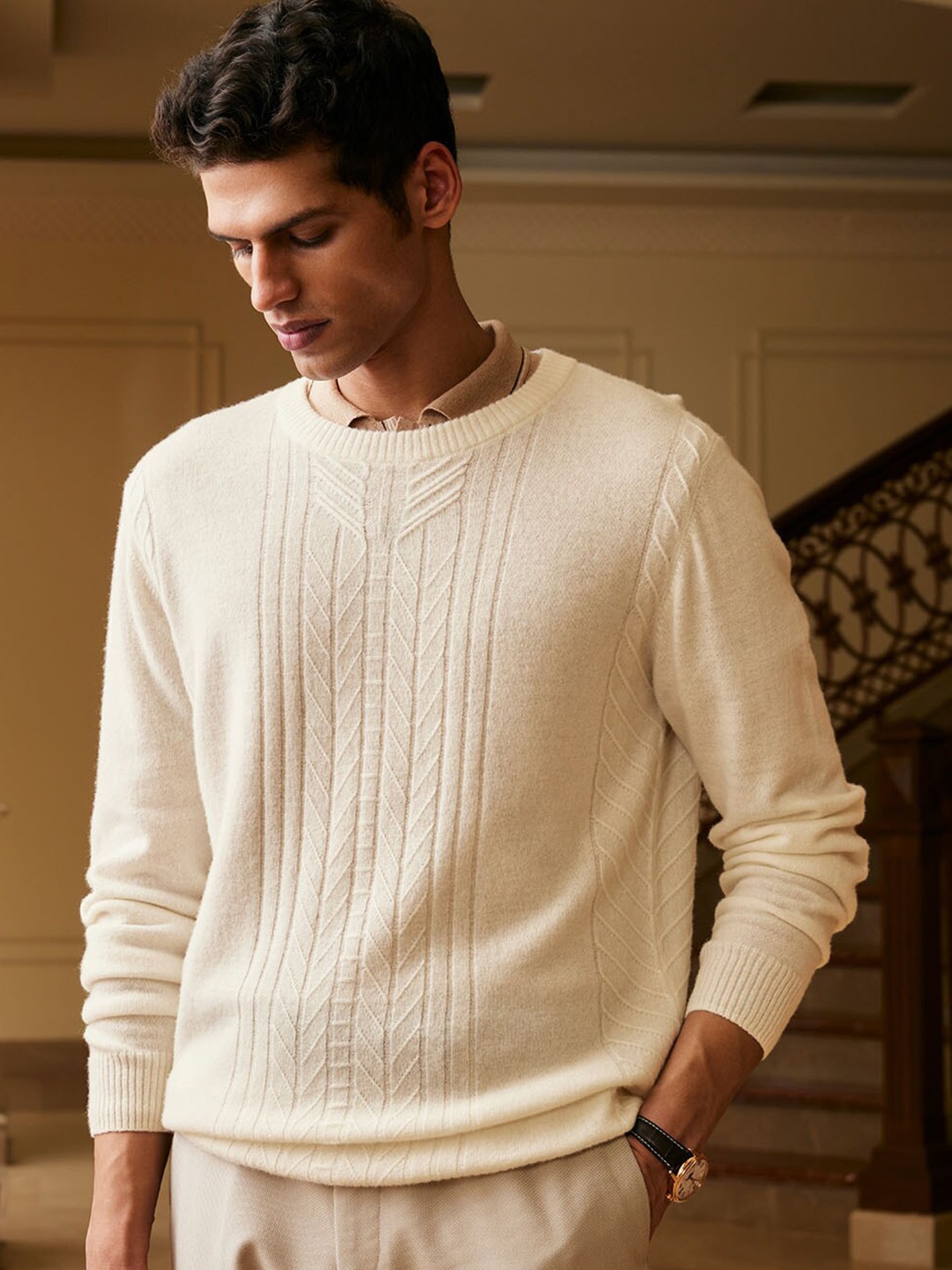 

Andamen Men Self Design Cable Knit Woollen Pullover Sweater, White
