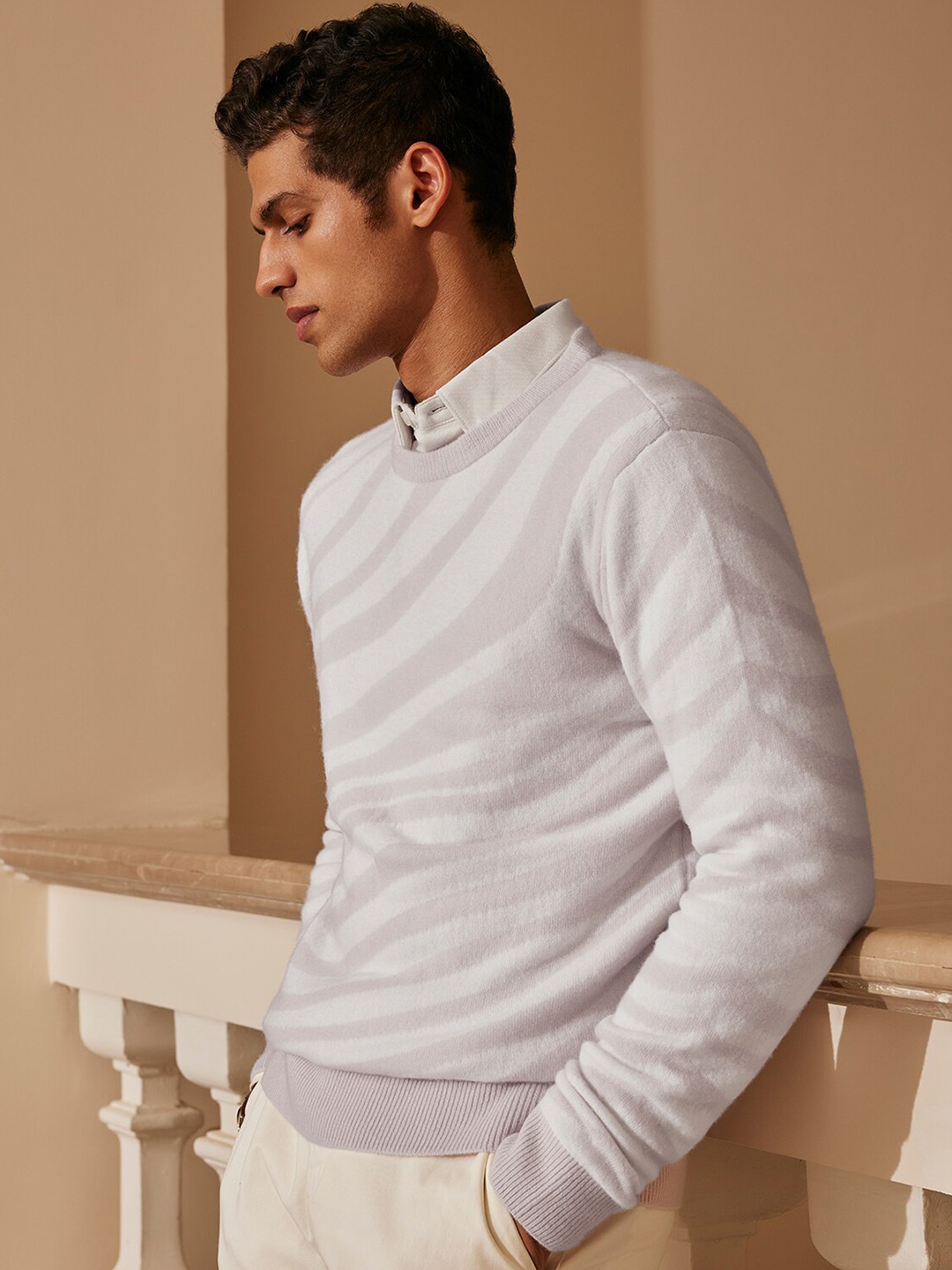 

Andamen Long Sleeves Printed Knitted Woollen Pullover, Off white