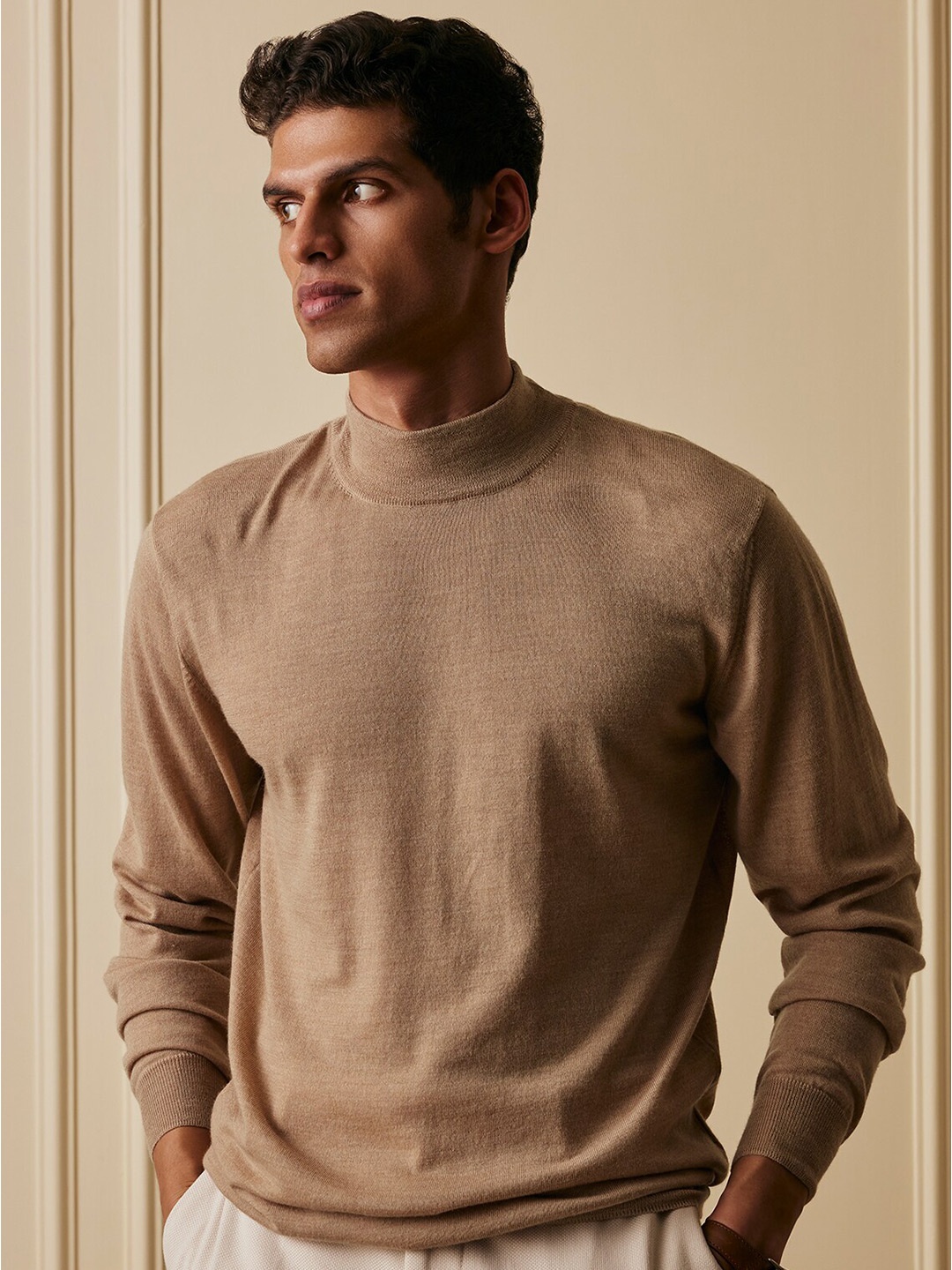 

Andamen Men High Neck Merino Wool Pullover Sweater, Brown