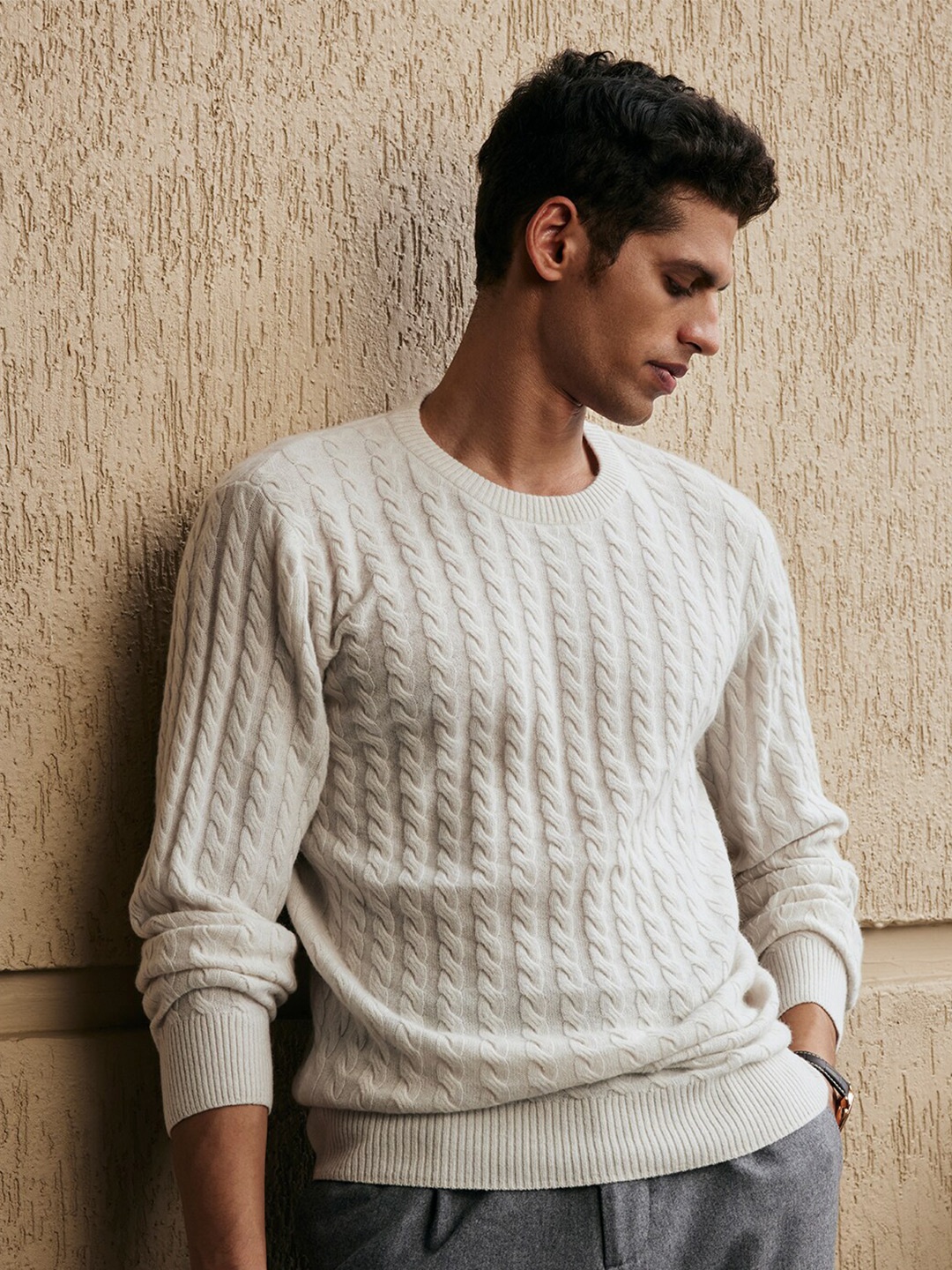 

Andamen Cable Knit Long Sleeves Woollen Pullover, Off white