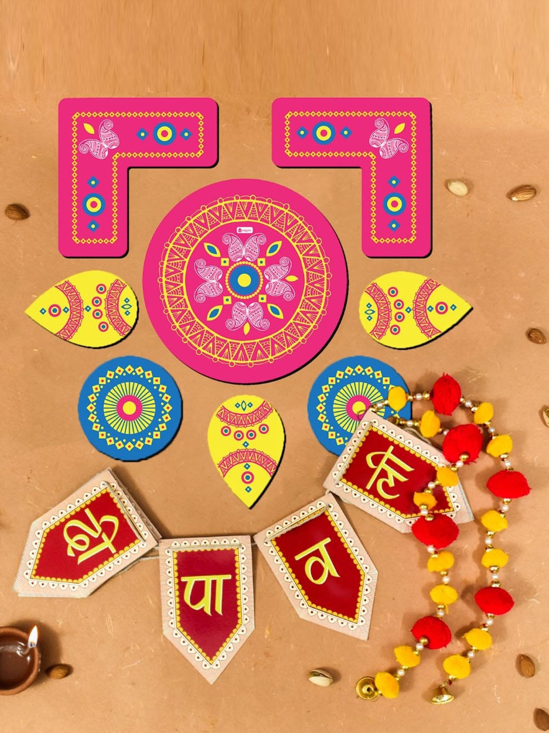 

Indigifts Pink & Red 13 Pieces Wooden Rangoli Stickers Set With 1 Banner