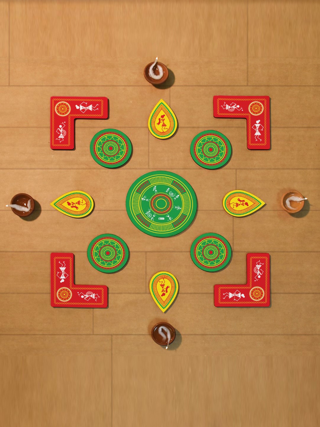 

Indigifts Green & Red 13 Pieces Warli Art Mandala Wooden Rangoli Stickers Set