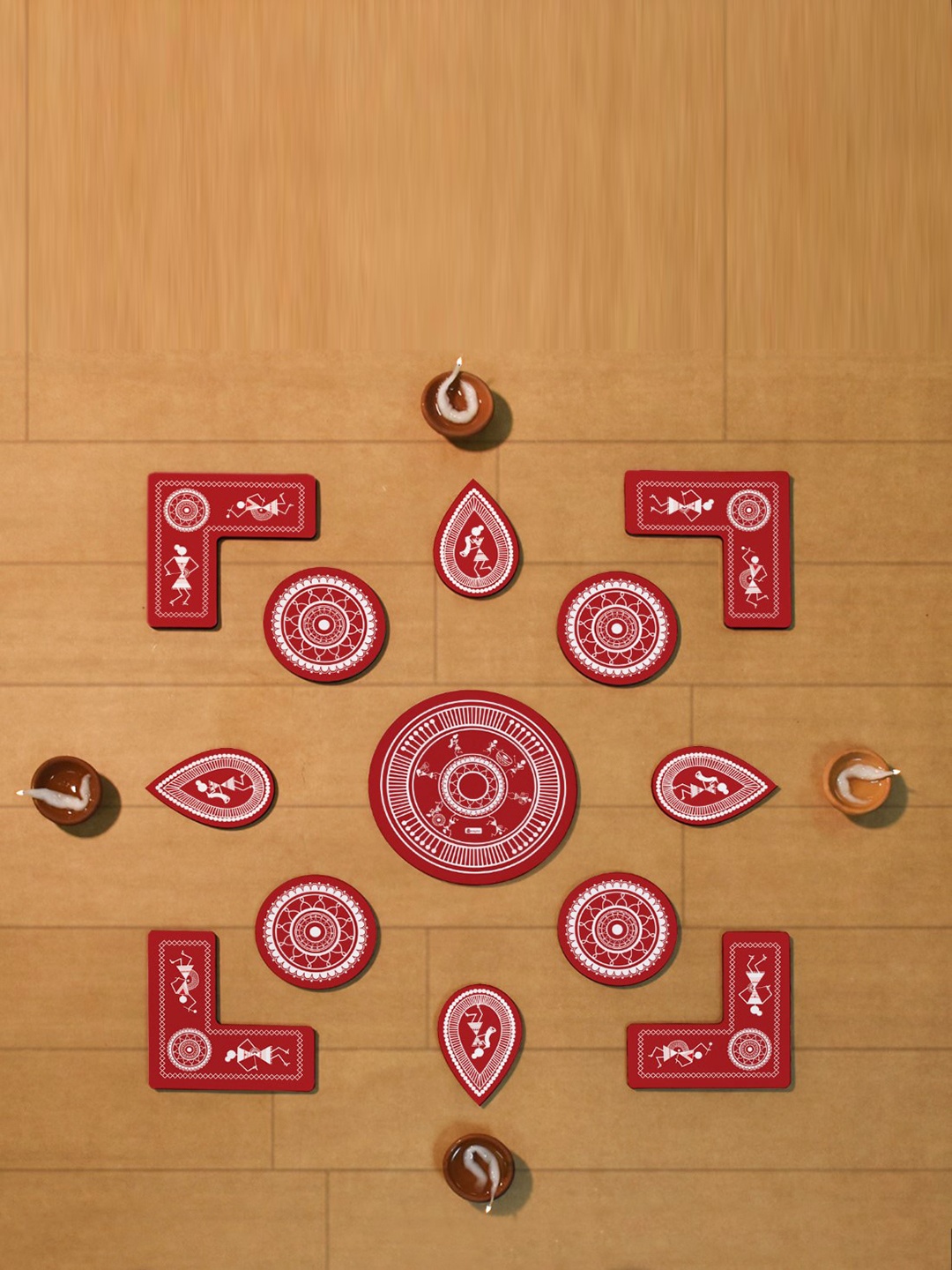 Indigifts Maroon & White 13 Pieces Warli Art Mandala Wooden Rangoli Stickers