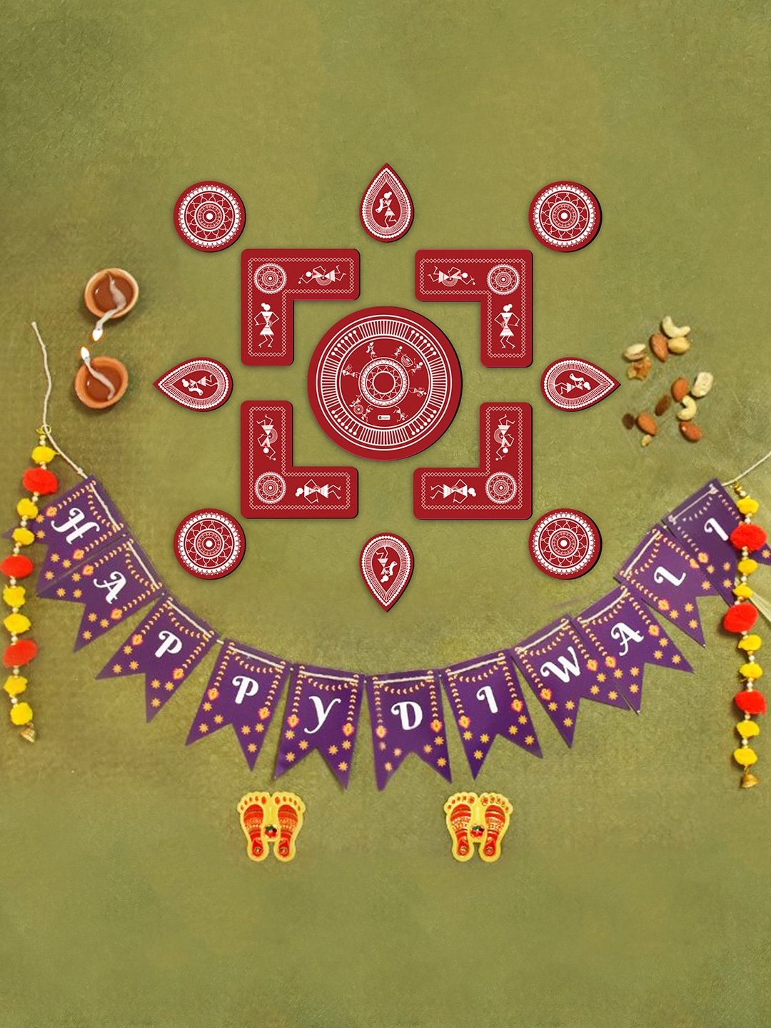 Indigifts Maroon & Purple 14 Pieces Warli Art Wooden Rangoli Stickers Set With Banner