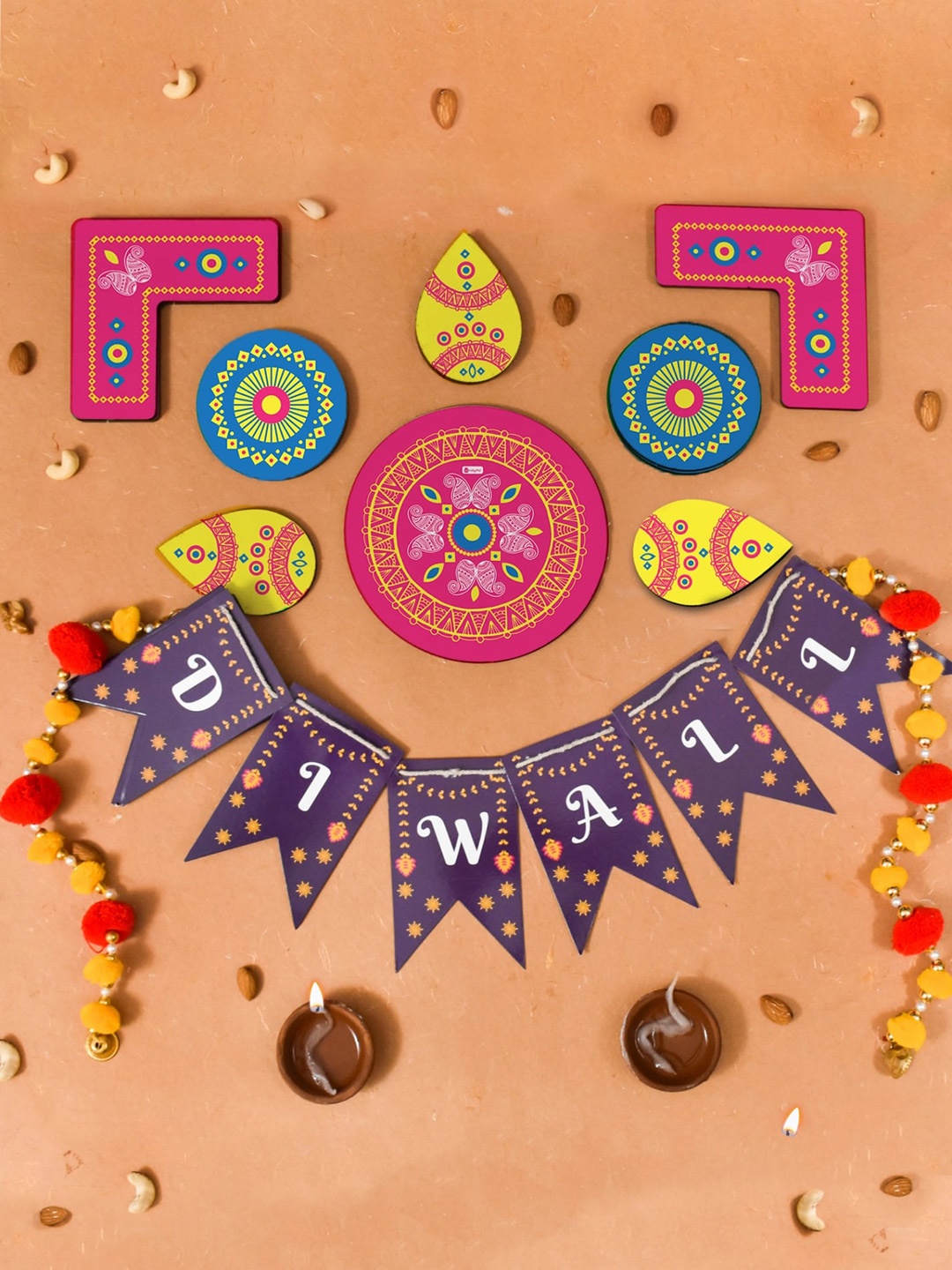 

Indigifts Pink & Blue 14 Pieces Warli Art Printed Wooden Rangoli Stickers Set With Banner