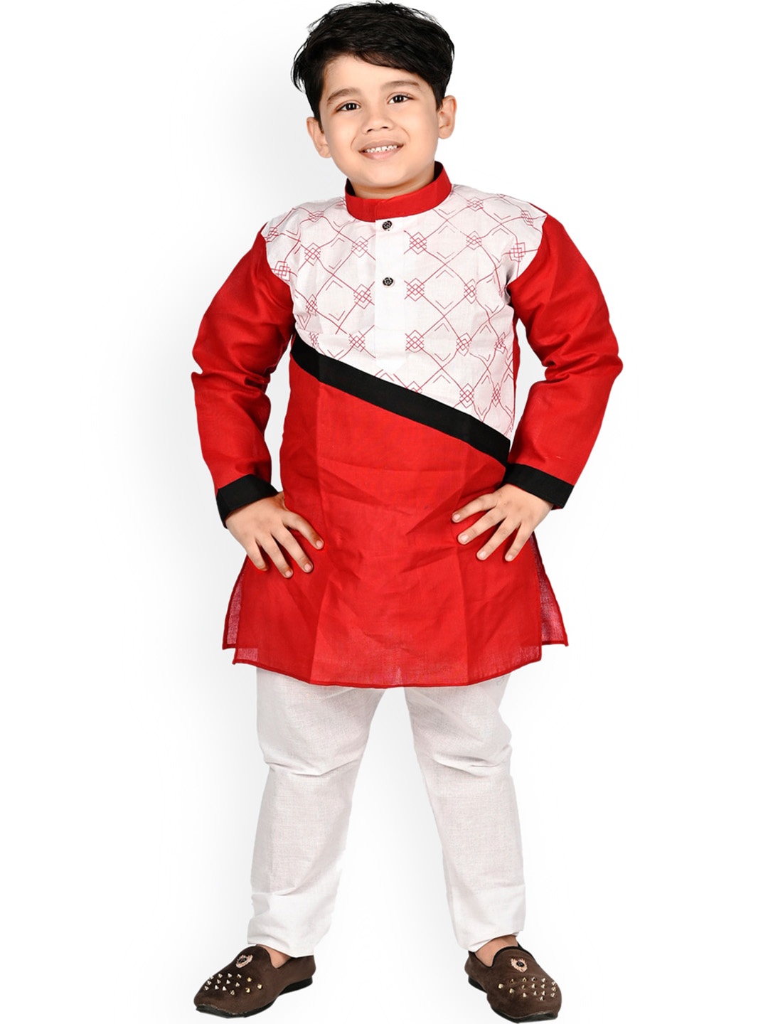 

BAESD Boys Colourblocked Pure Cotton Straight Kurta with Pyjamas, Red