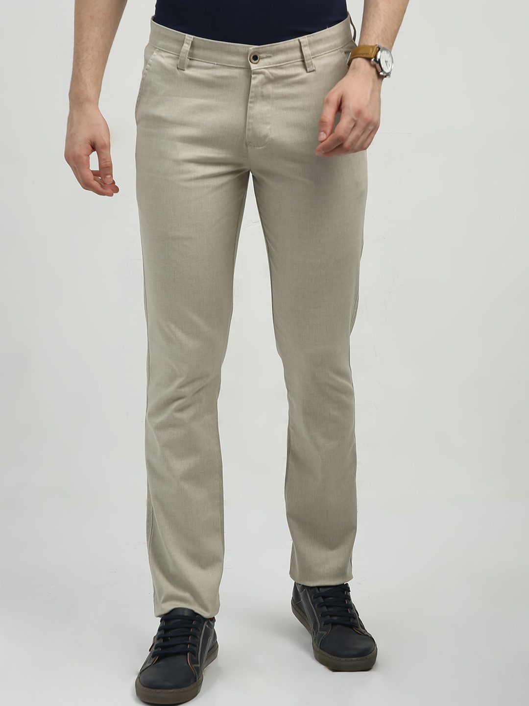 

CP BRO Men Chiseled Fit Mid Rise Cotton Trousers, Beige