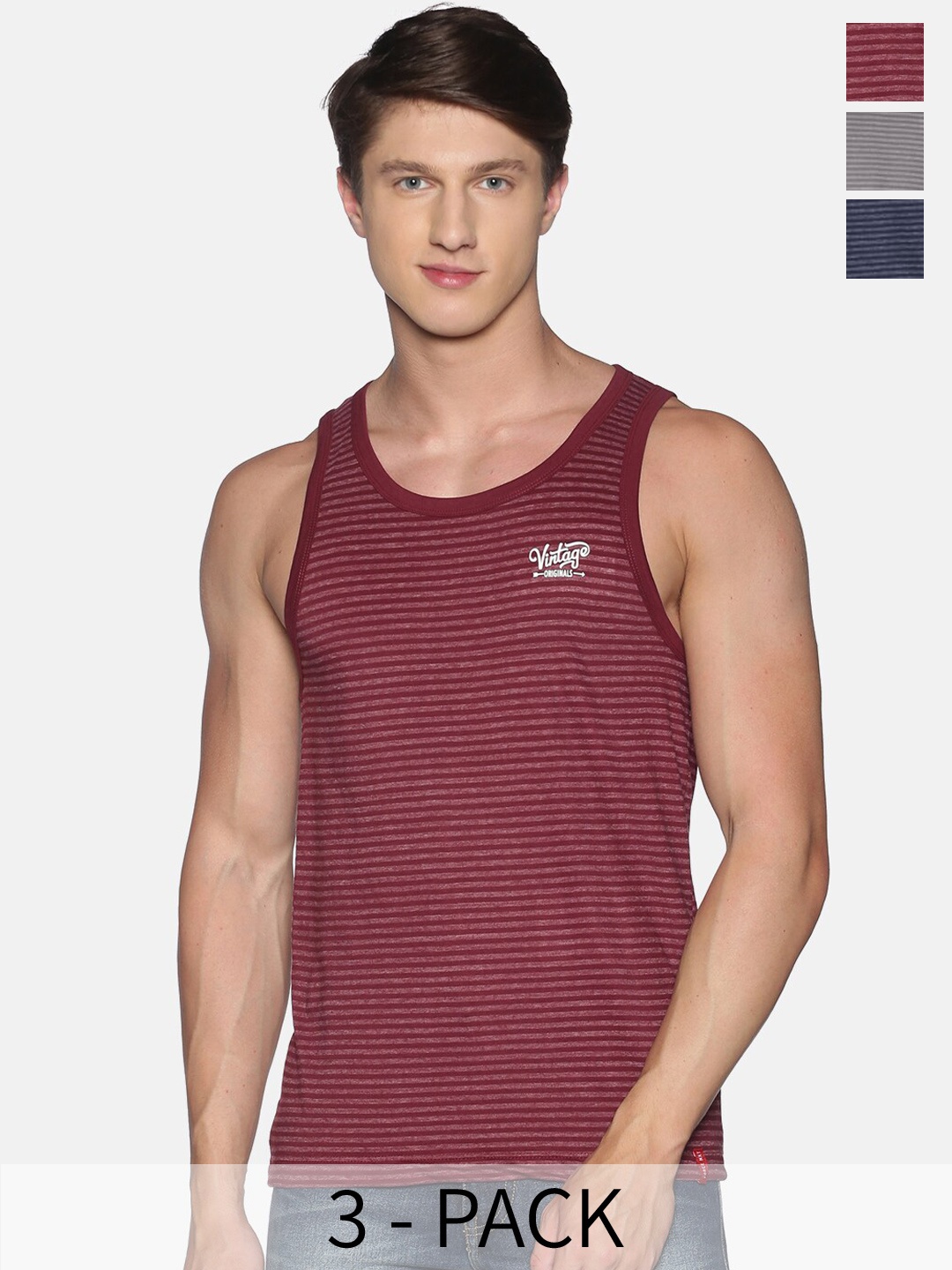 

Force NXT Pack Of 3 Striped Cotton Innerwear Vests, Maroon
