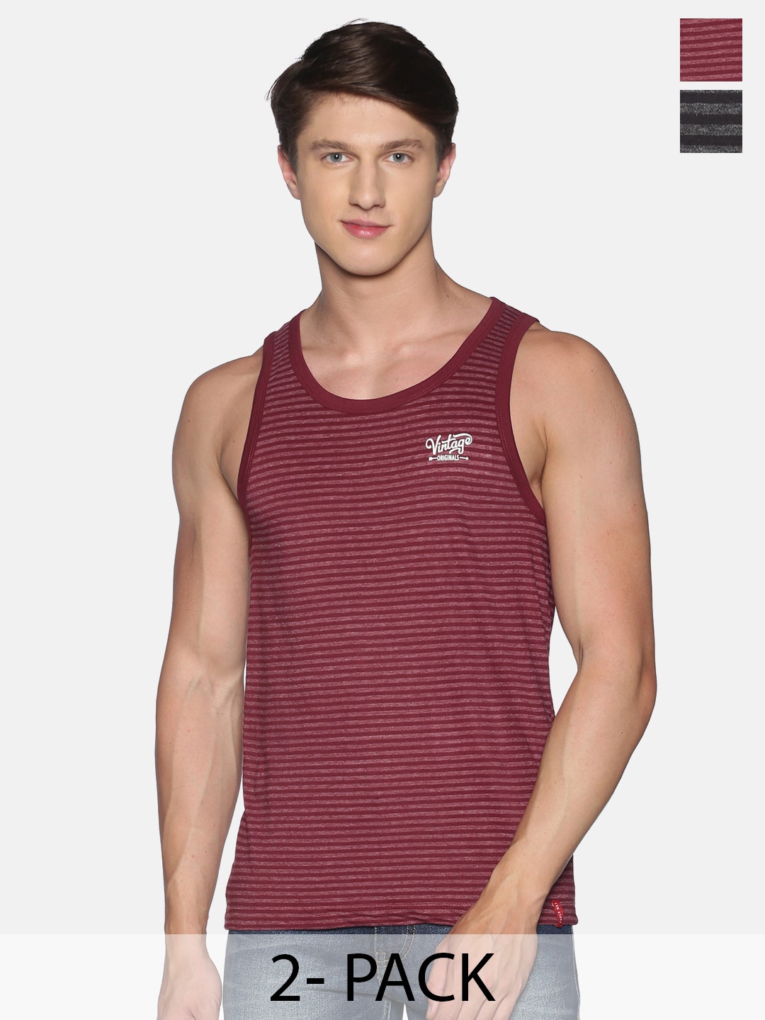 

Force NXT Pack Of 2 Striped Pure Cotton Gym Tank Innerwear Vests, Maroon