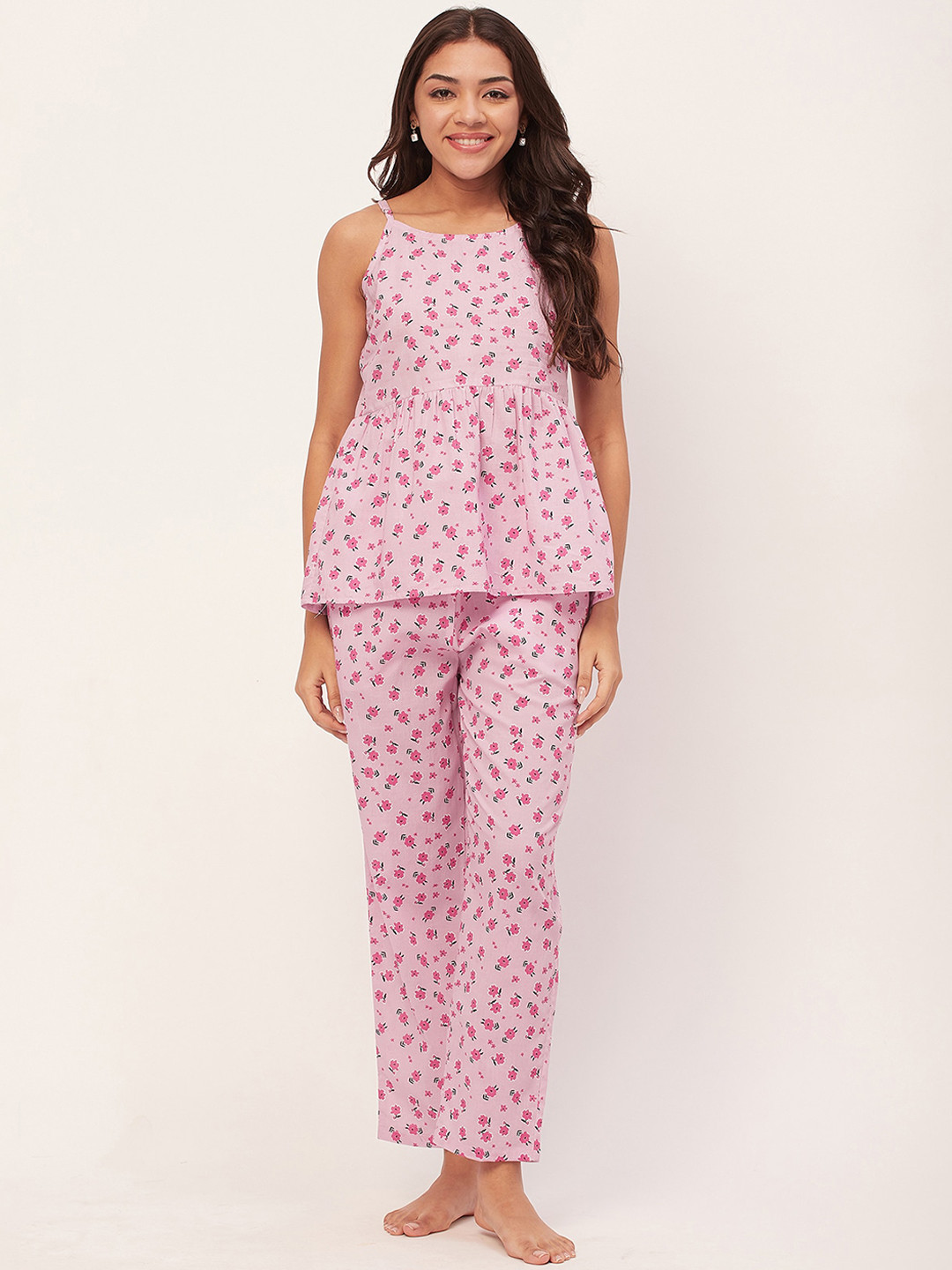 

Moomaya Floral Printed Cotton Camisole Top With Trousers, Pink