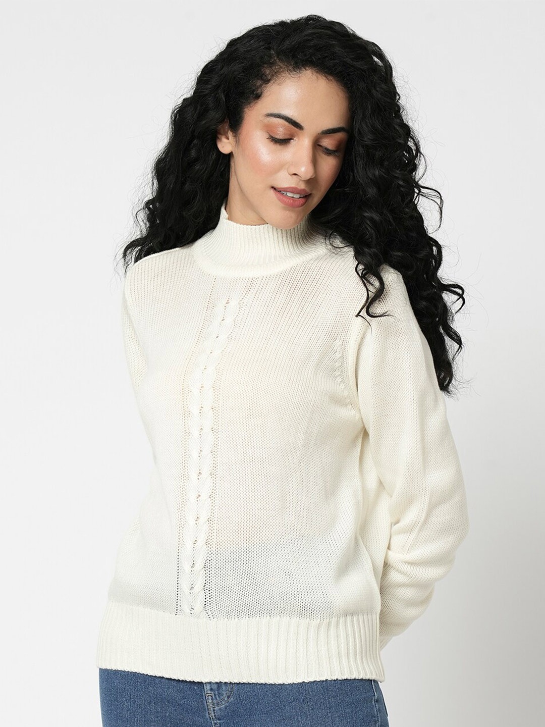 

Vero Moda Cable Knit Mock Collar Long Sleeves Acrylic Pullover Sweater, Off white