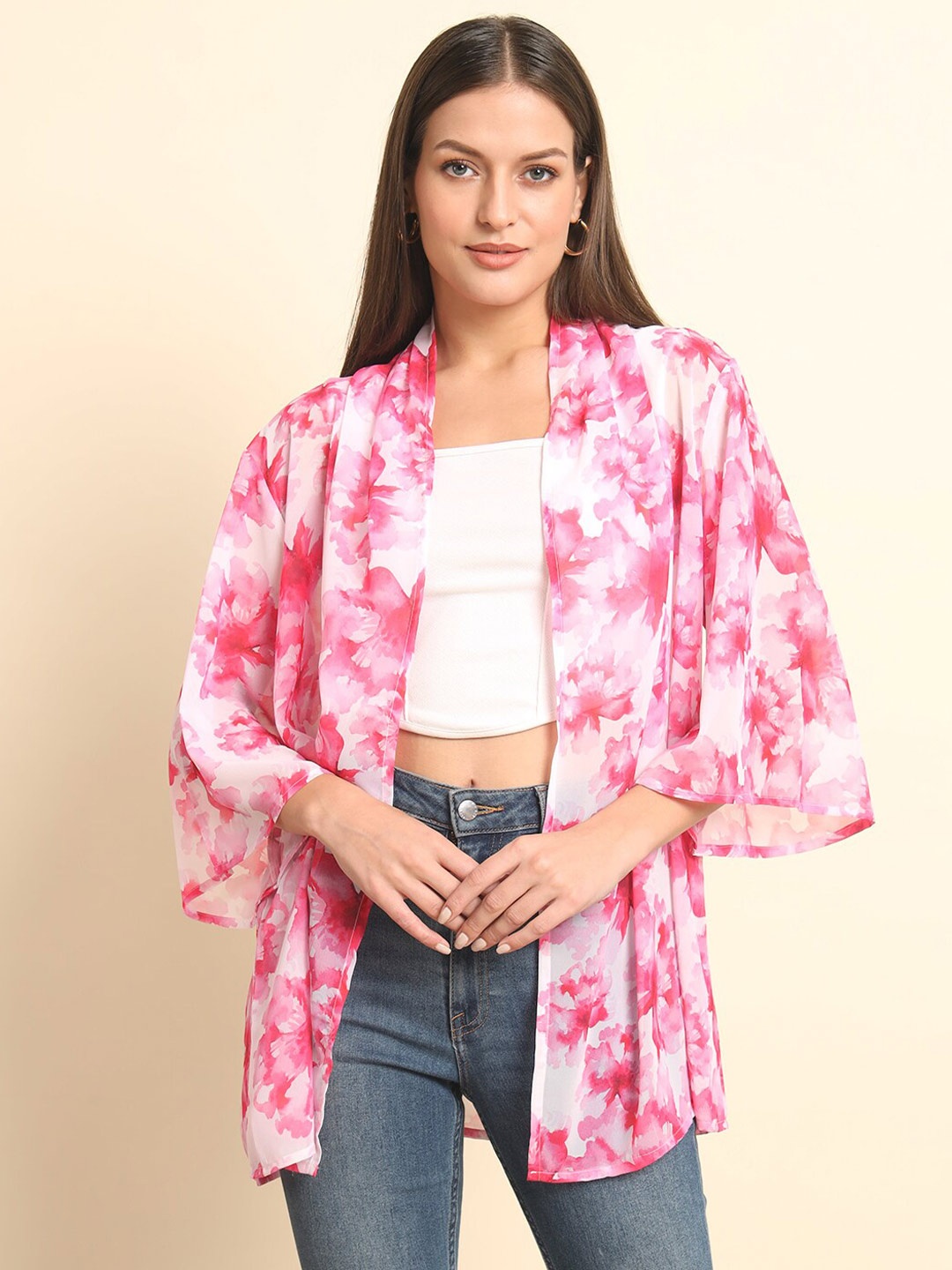 

Trend Arrest Floral Printed Open Front Shrug, Pink