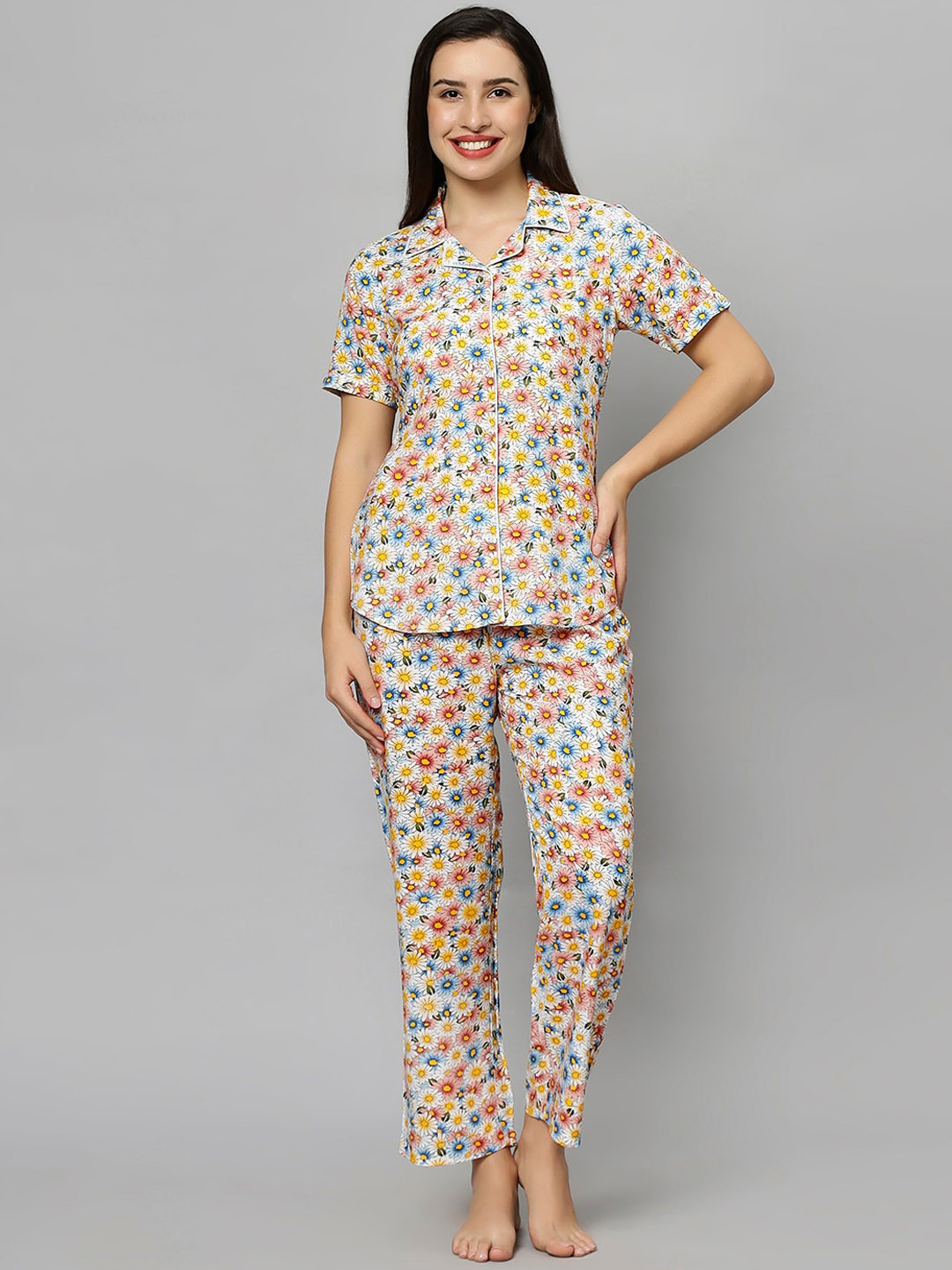 

ETC Floral Printed Lapel Collar Night suit, Pink