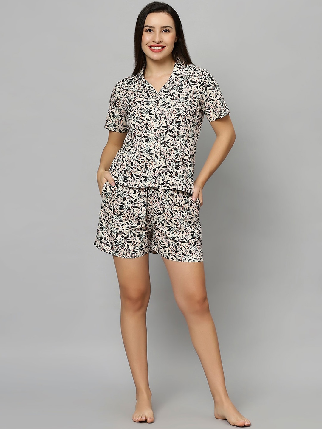 

ETC Floral Printed Shirt & Shorts, Cream
