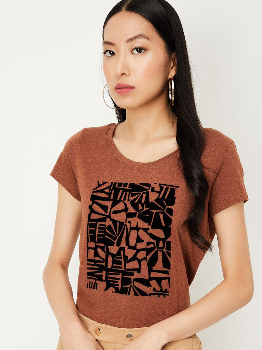 

max Graphic Printed Pure Cotton Casual T-shirt, Brown