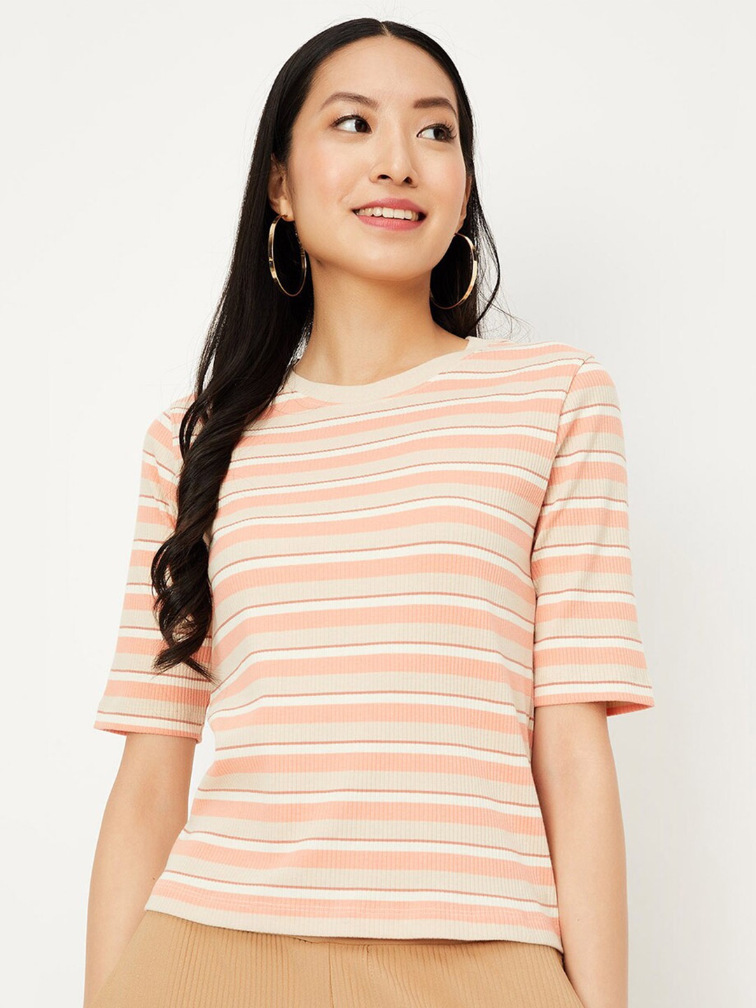 

max Horizontal Striped Round Neck T-shirt, Beige