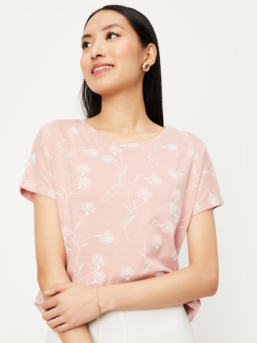 

max Floral Printed Pure Cotton Casual T-shirt, Pink