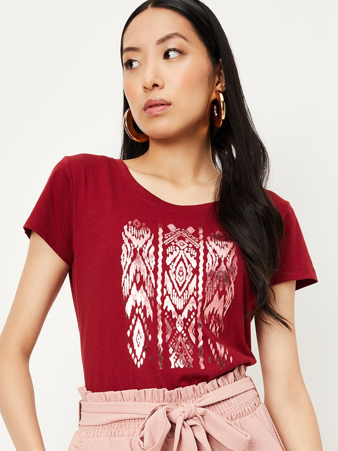 

max Abstract Printed Pure Cotton Casual T-shirt, Maroon