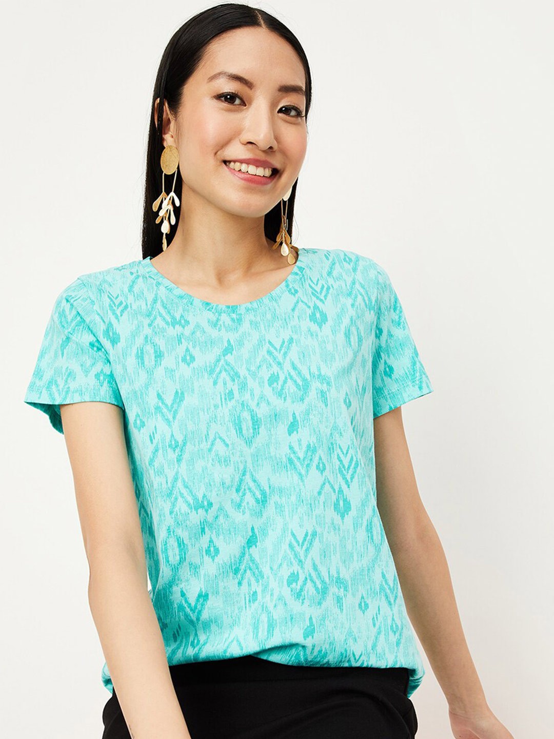 

max Printed Round Neck Pure Cotton T-shirt, Turquoise blue