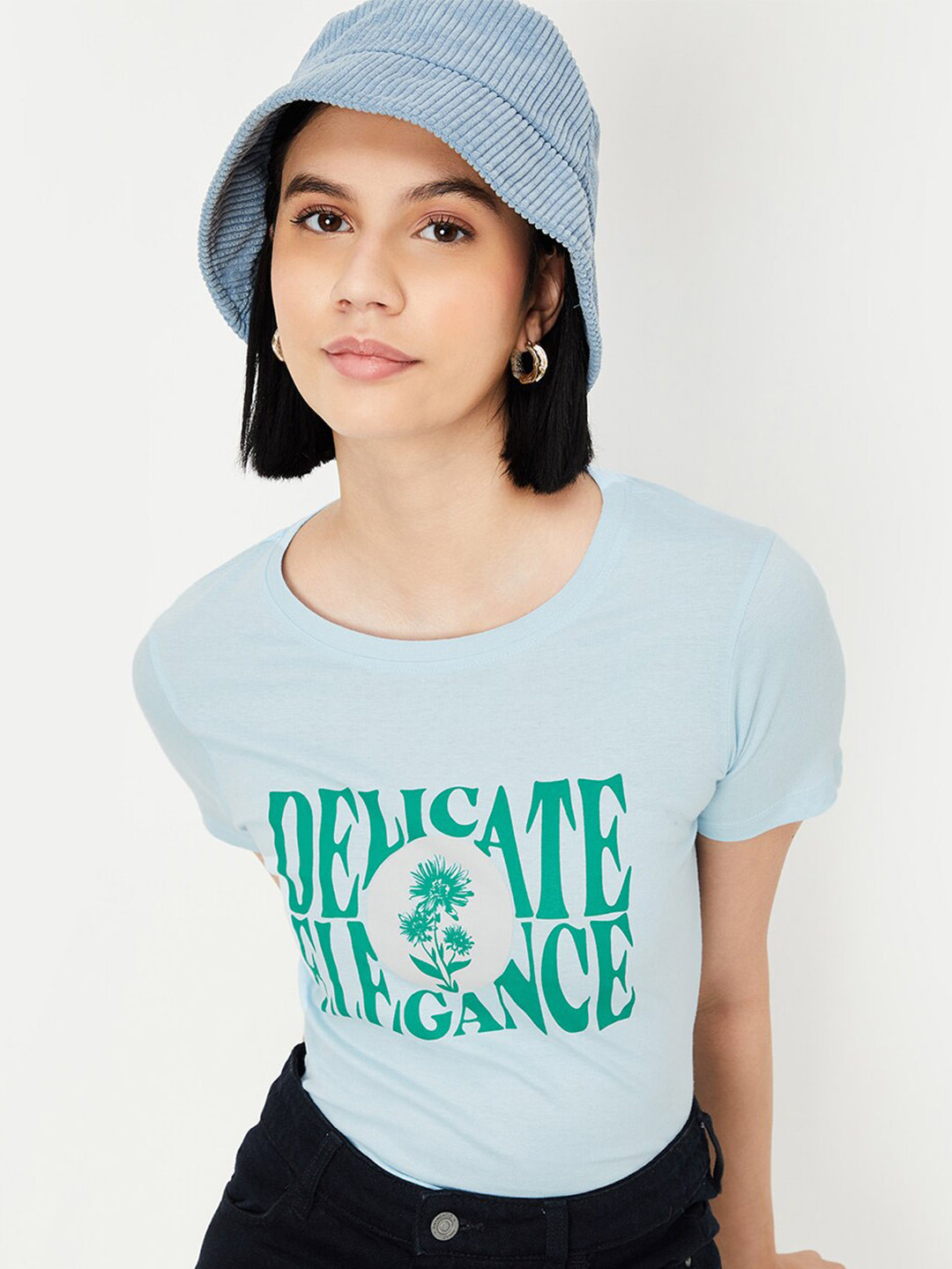 

max Typography Printed Pure Cotton Casual T-shirt, Blue