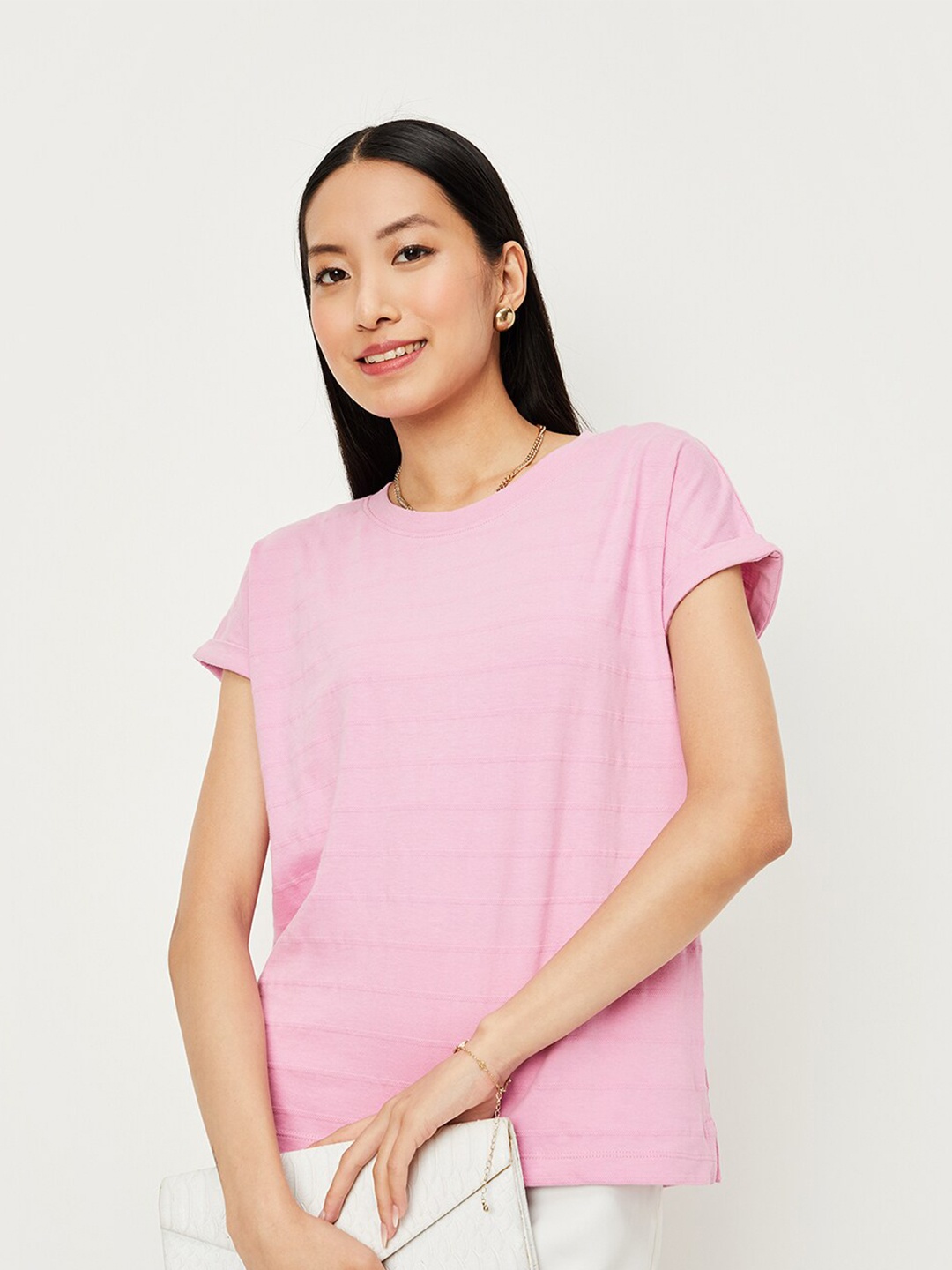 

max Self Design Round Neck Pure Cotton T-shirt, Pink