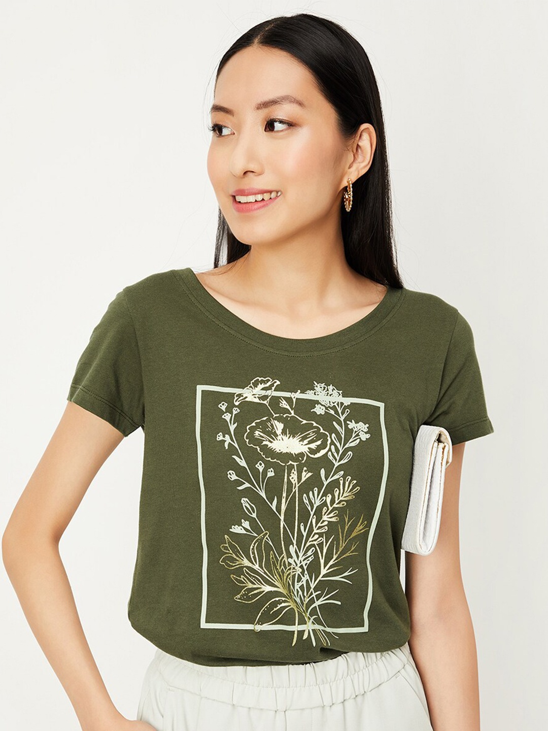

max Floral Printed Pure Cotton Casual T-shirt, Olive