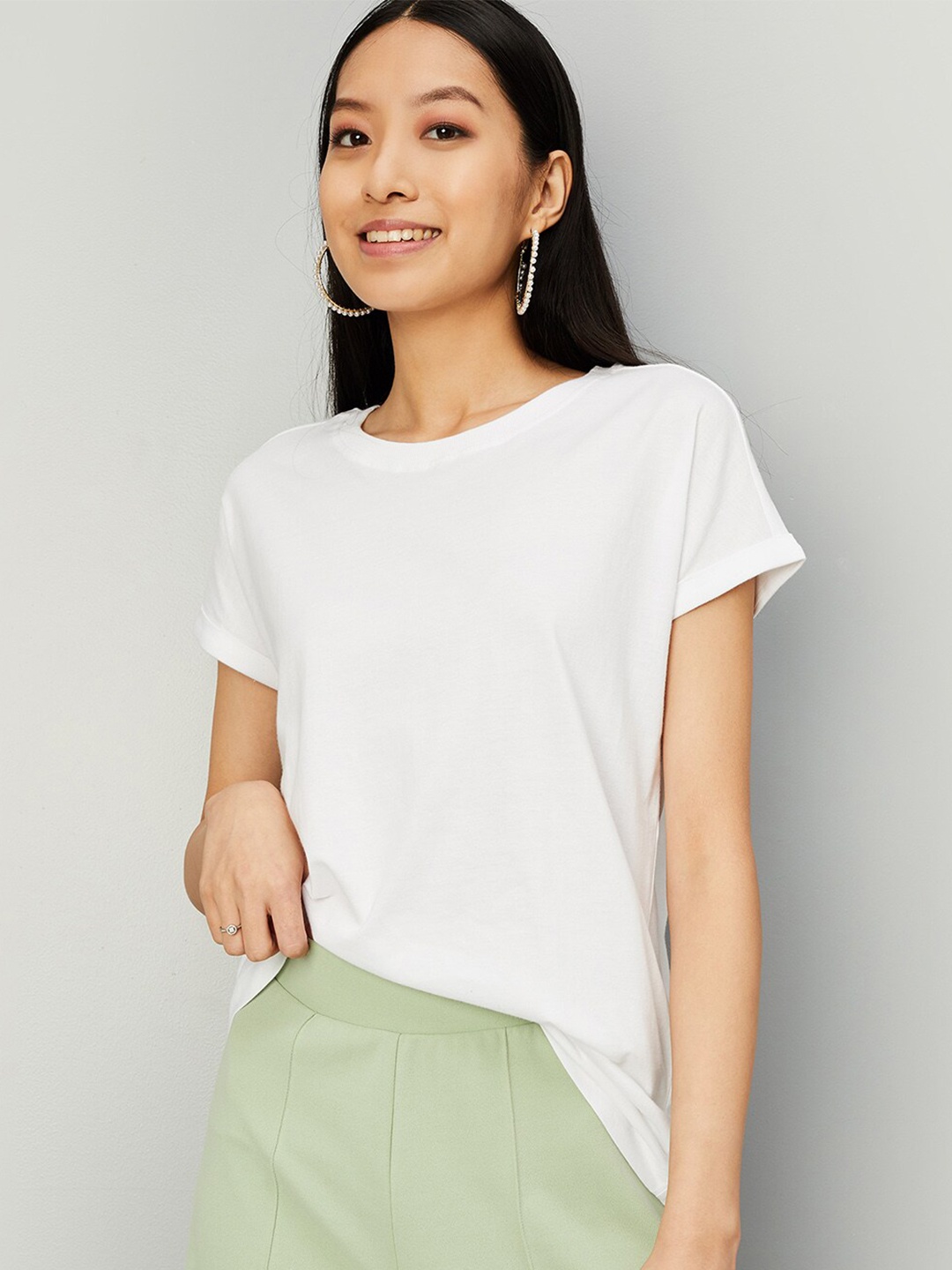 

max Round neck Extended Sleeves Pure Cotton T-shirt, White