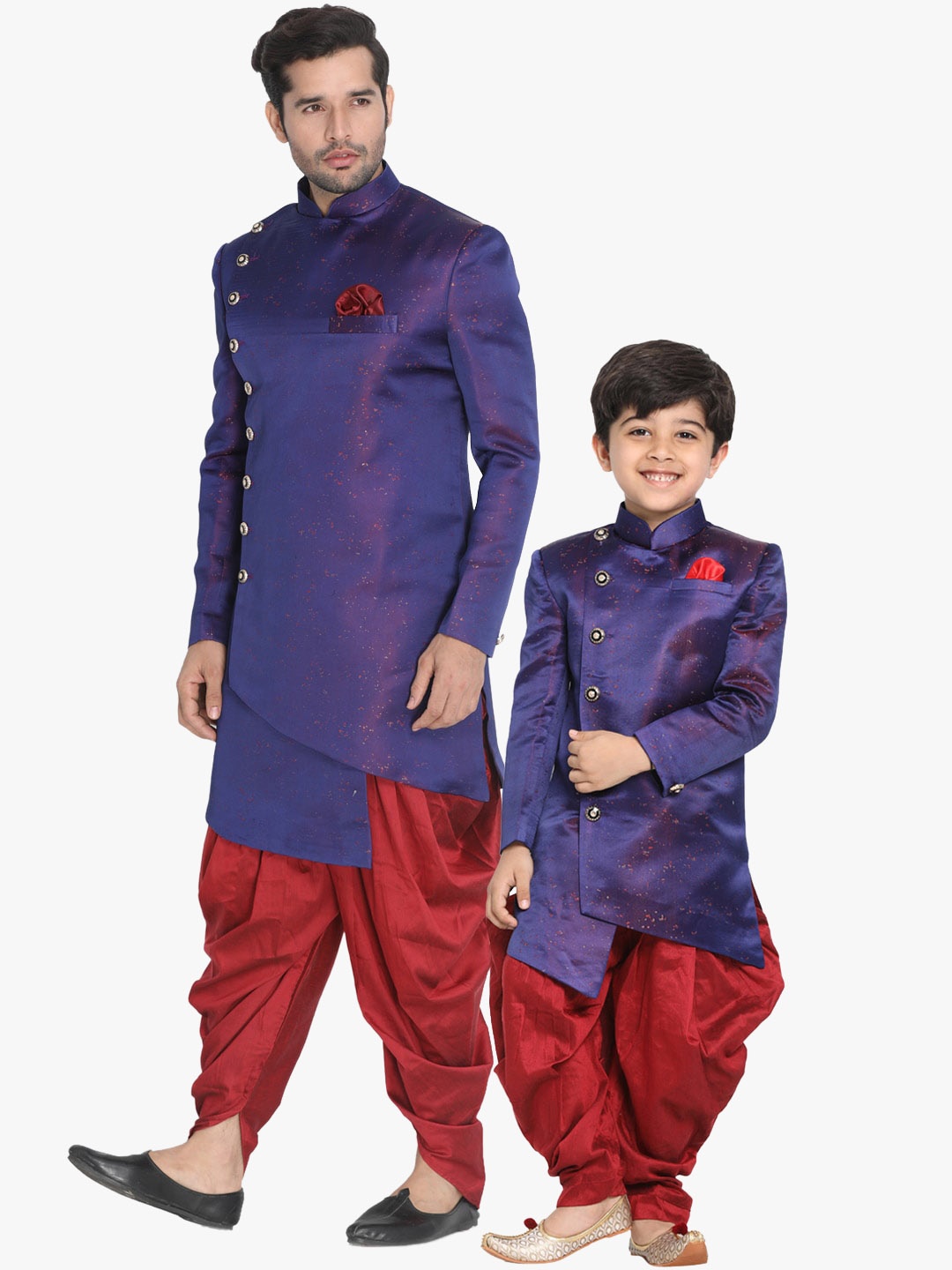 

VASTRAMAY Boys Self Design Mandarin Collar Raw Silk Indowestern Sherwani Set, Purple