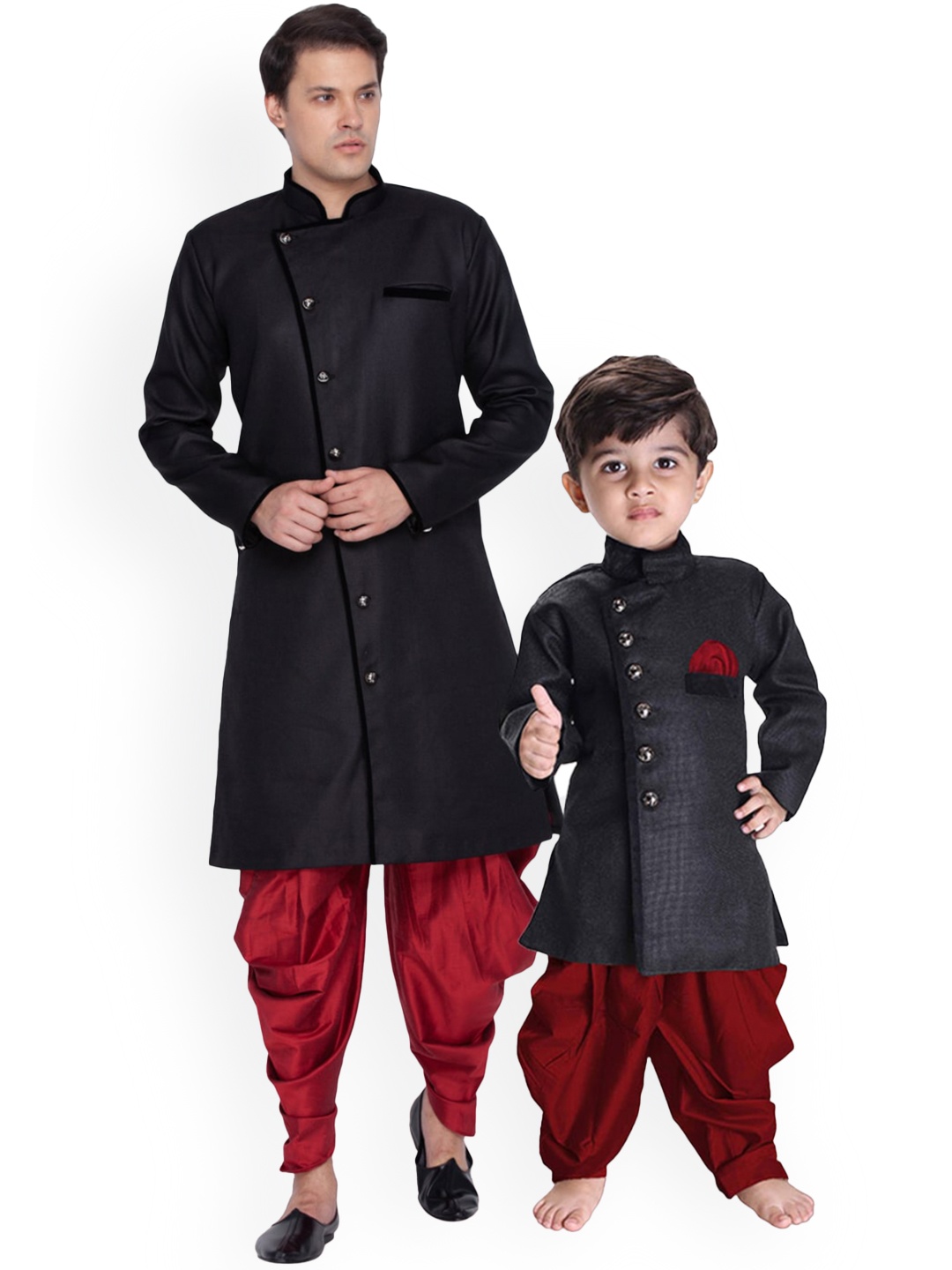 

VASTRAMAY Boys Mandarin Collar Jute Cotton Sherwani Set, Black