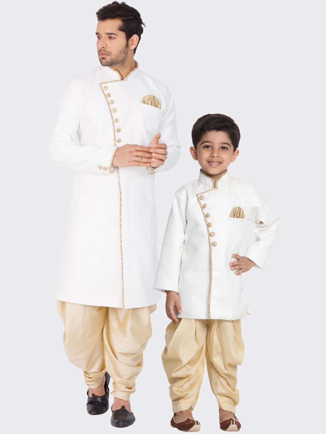 

VASTRAMAY Boys Mandarin Collar Jute Cotton Sherwani Set, White