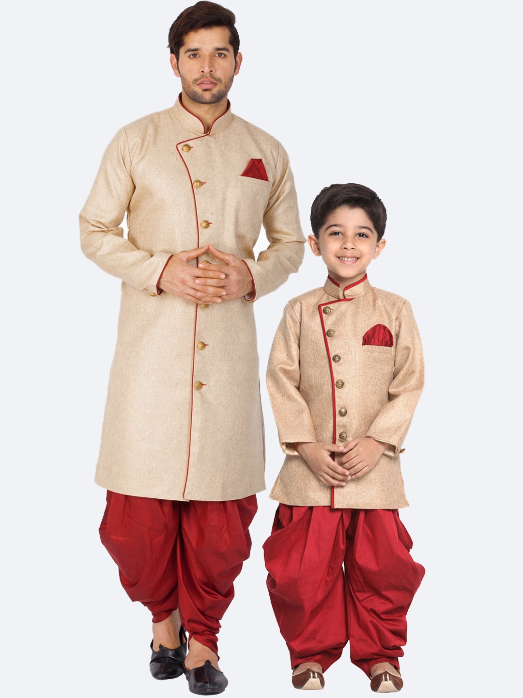 

VASTRAMAY Boys Self Design Mandarin Collar Long Sleeve Indowestern Sherwani Set, Beige