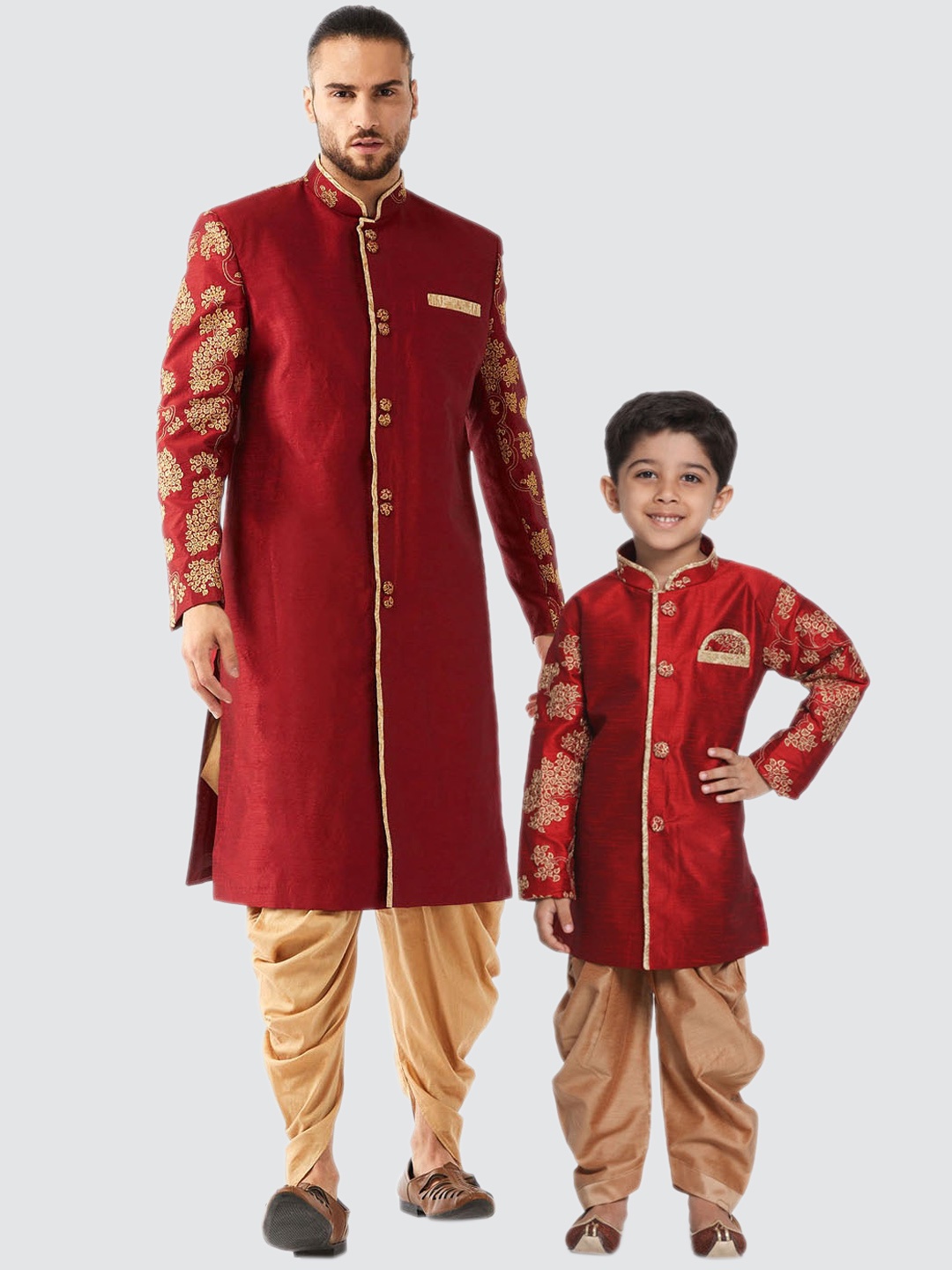 

VASTRAMAY Boys Embroidered Mandarin Collar Sherwani Set, Maroon