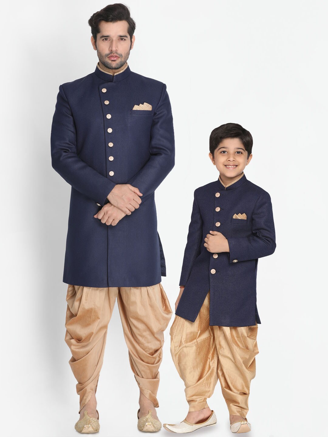 

VASTRAMAY Boys Mandarin Collar Jute Cotton Sherwani Set, Navy blue