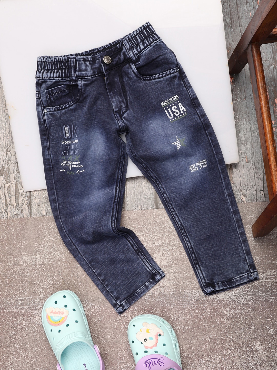 

V-Mart Boys Typography Printed Clean Look Mid Rise Cotton Jeans, Blue