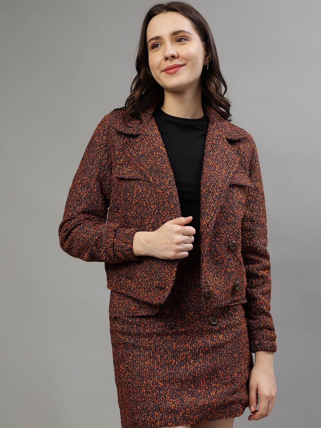 

ELLE Textured Double-Breasted Comfort Fit Blazers, Brown