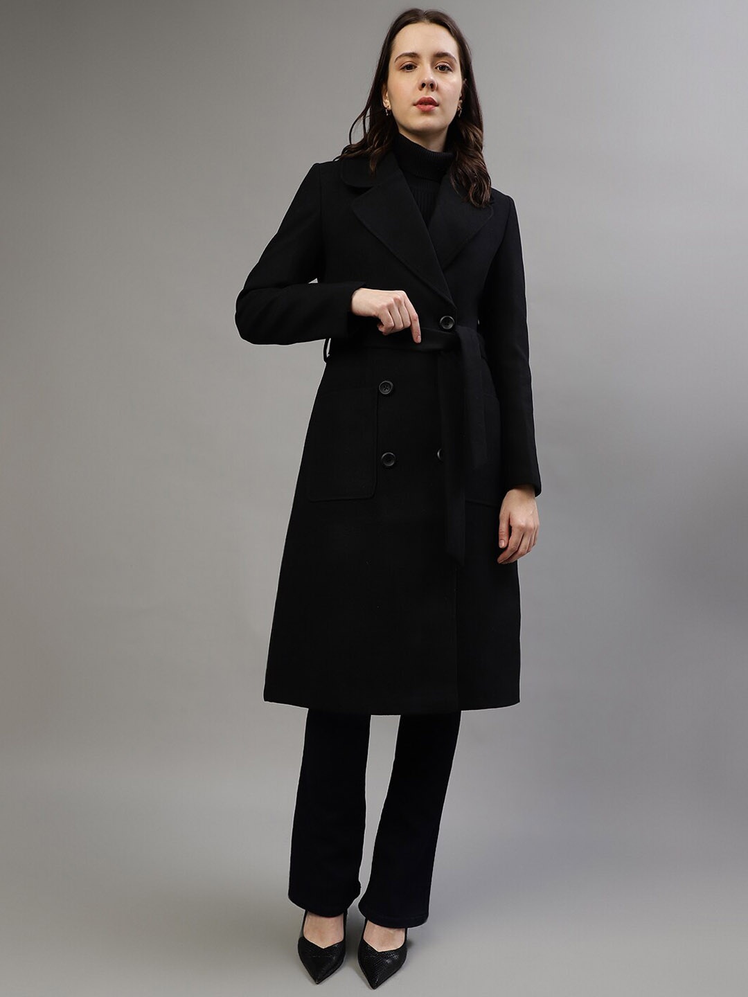 

ELLE Notched Lapel Collar Double Breasted Longline Overcoat, Black