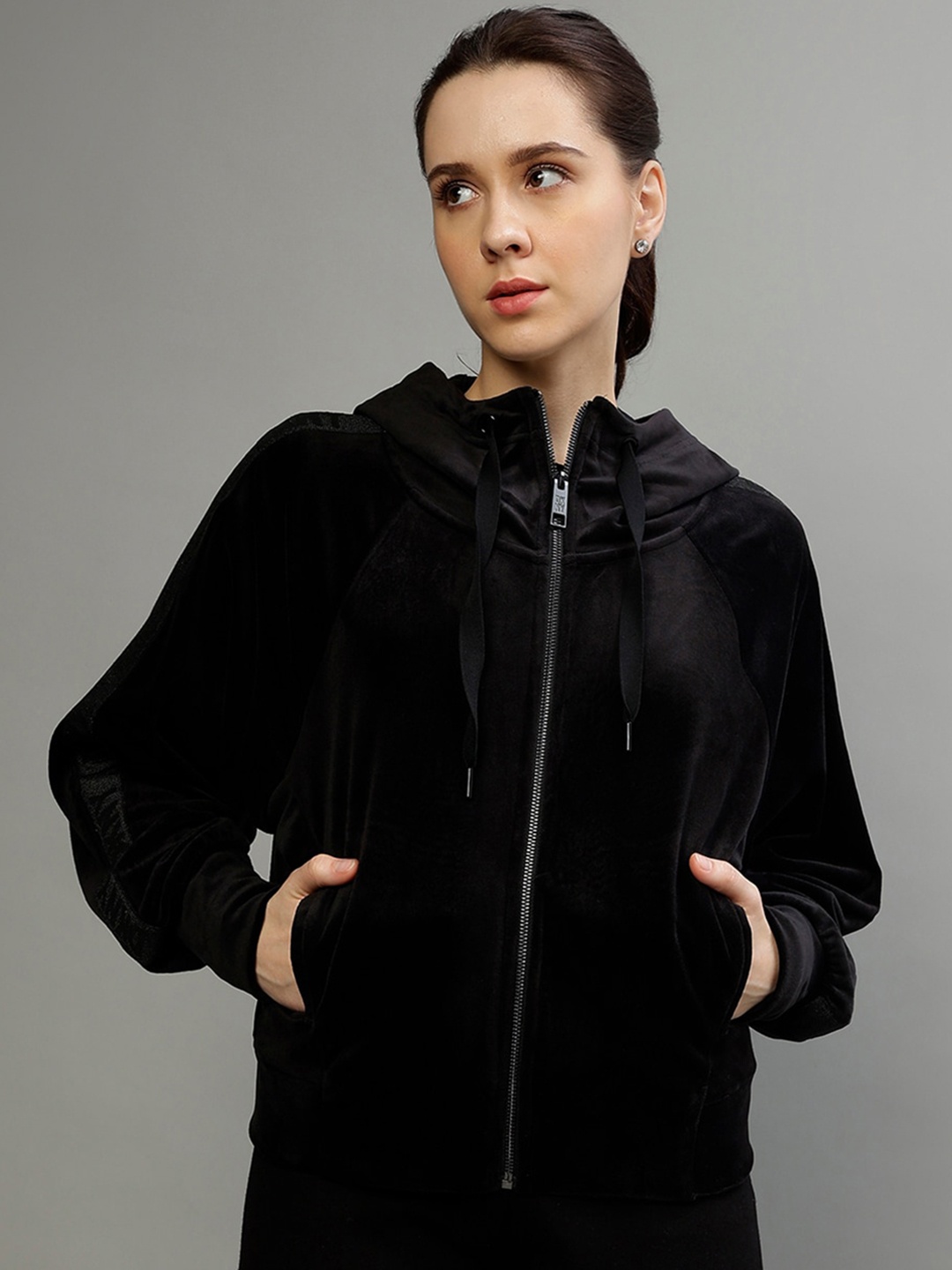 

DKNY Hooded Open Front Jacket Jacket, Black
