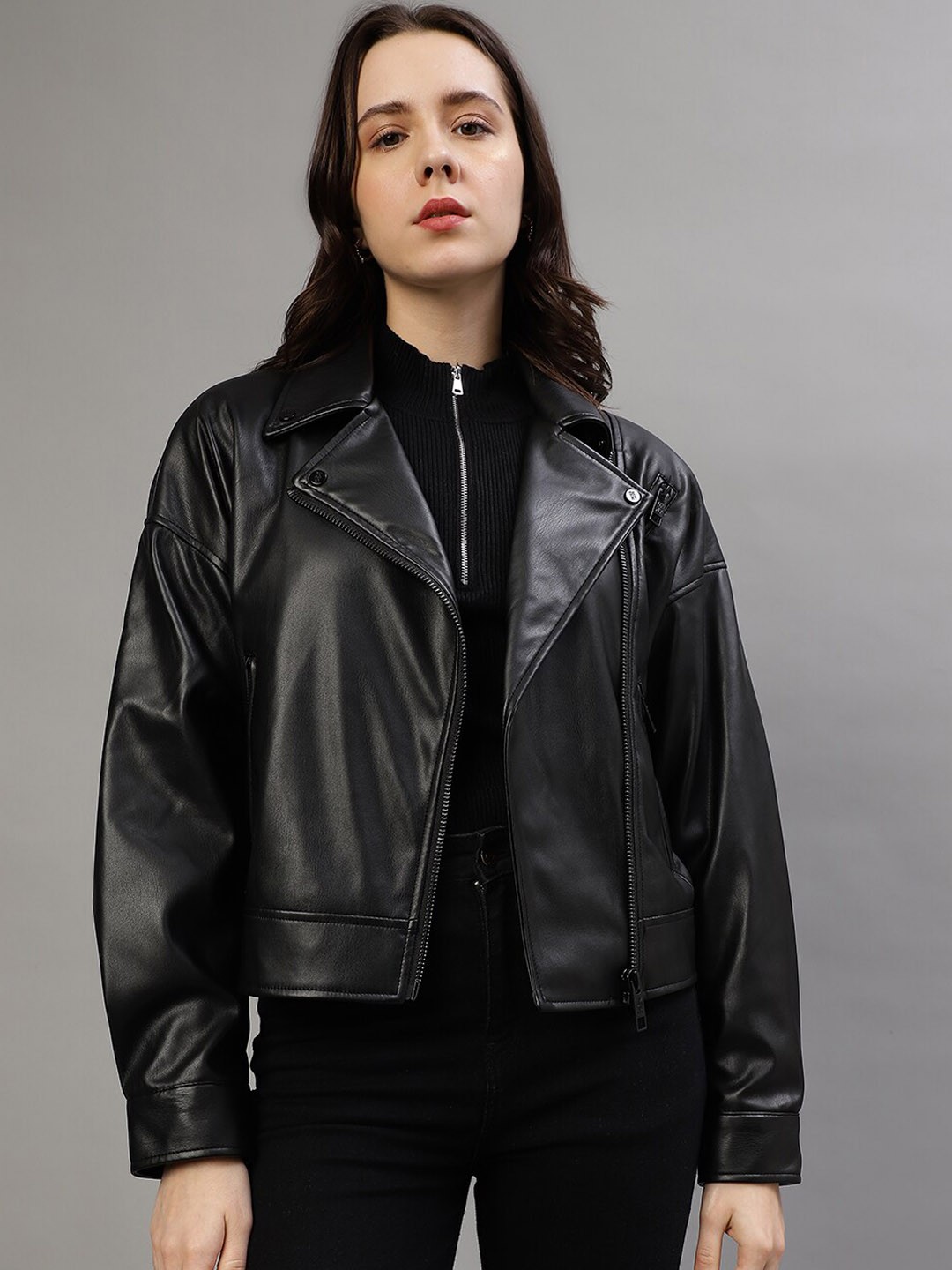

DKNY Lapel Collar Crop Leather Jacket, Black